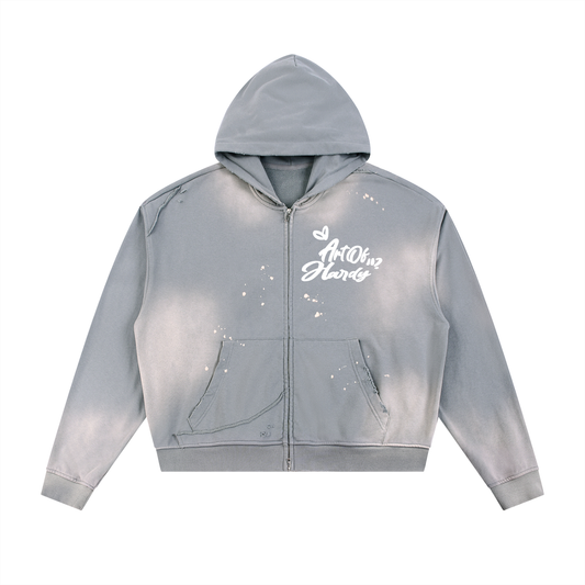 Sun Fade Frayed Raw Edge Fleece Zip Hoodie